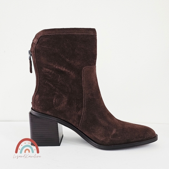 New! Vince Camuto Kortimy Leather Suede Brown Chunky Heel Mid-Shaft Boots - Picture 5 of 15